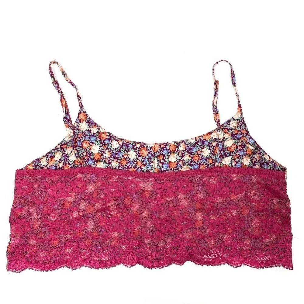 Free People Floral Lace Cropped Bandeau Top Sheer Back - Pink/Multicolor, Sz Sm